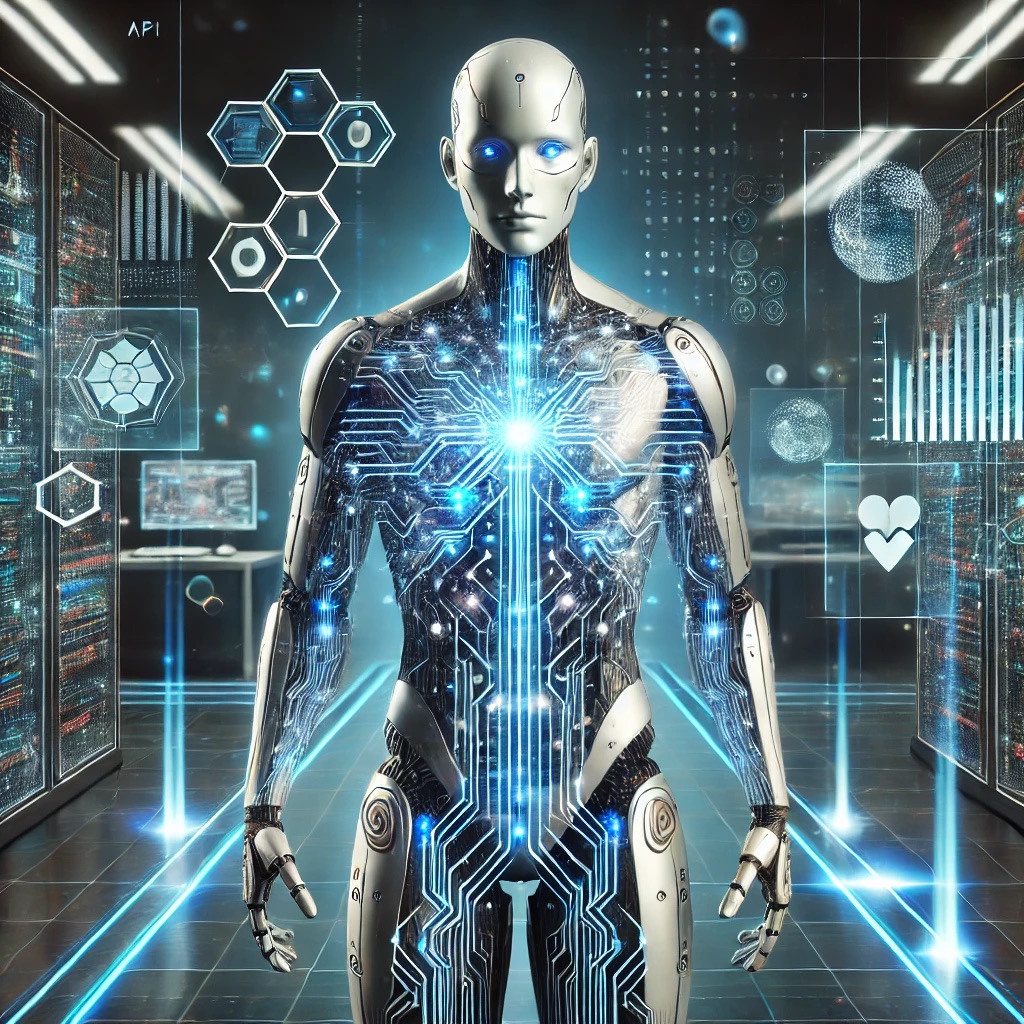 Humanoid robot with glowing blue circuitry across its body standing in a server room surrounded by holographic panels, with the label “API” in the corner