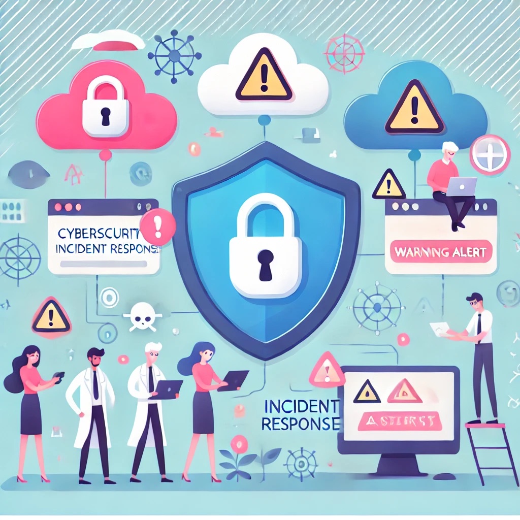 Illustration of an incident response team working under cloud alerts, with a shield and padlock in the centre