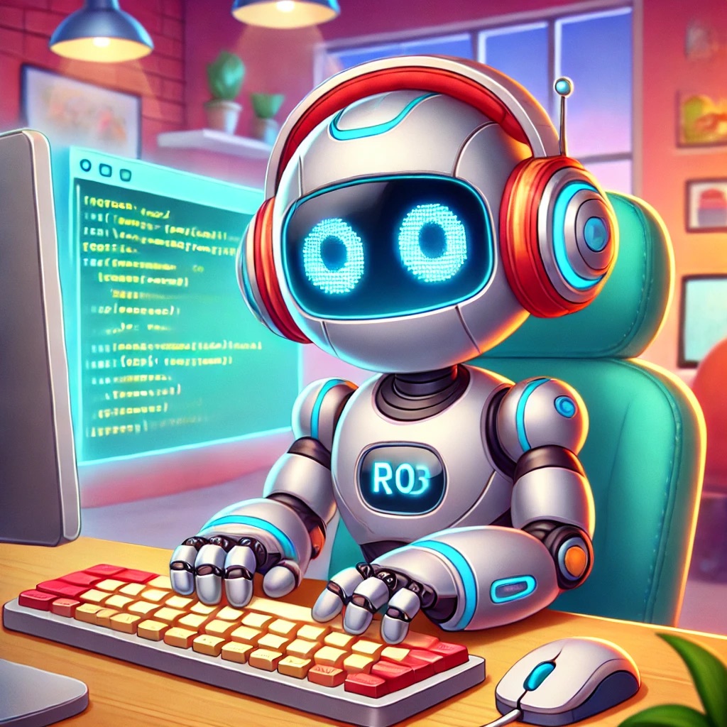 Cartoon robot wearing red headphones typing on a keyboard at a desk in front of a glowing screen of code