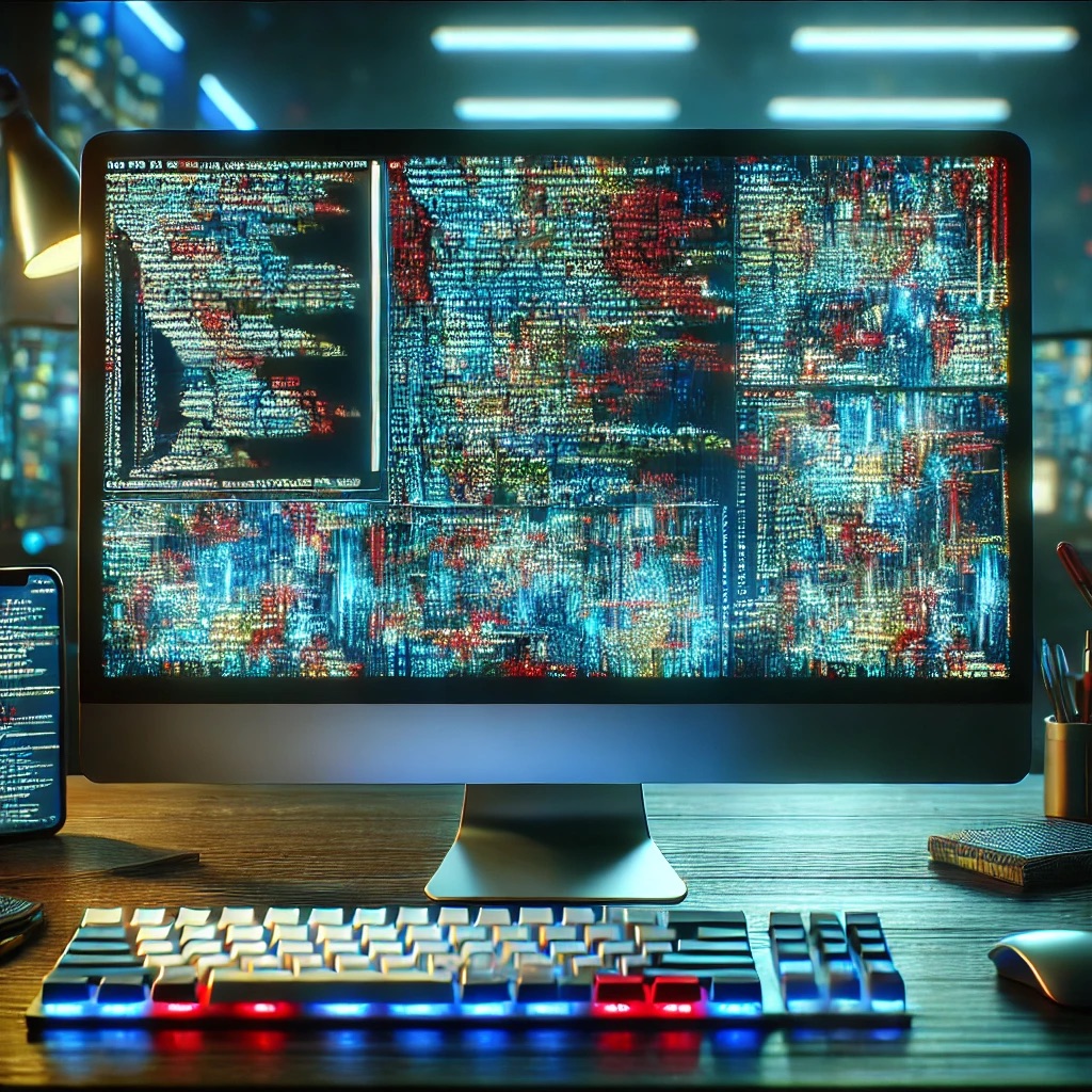A desktop monitor on a wooden desk filled with dense, glitchy blue and red streams of log text, with a backlit keyboard, a phone and a lamp in a dark room