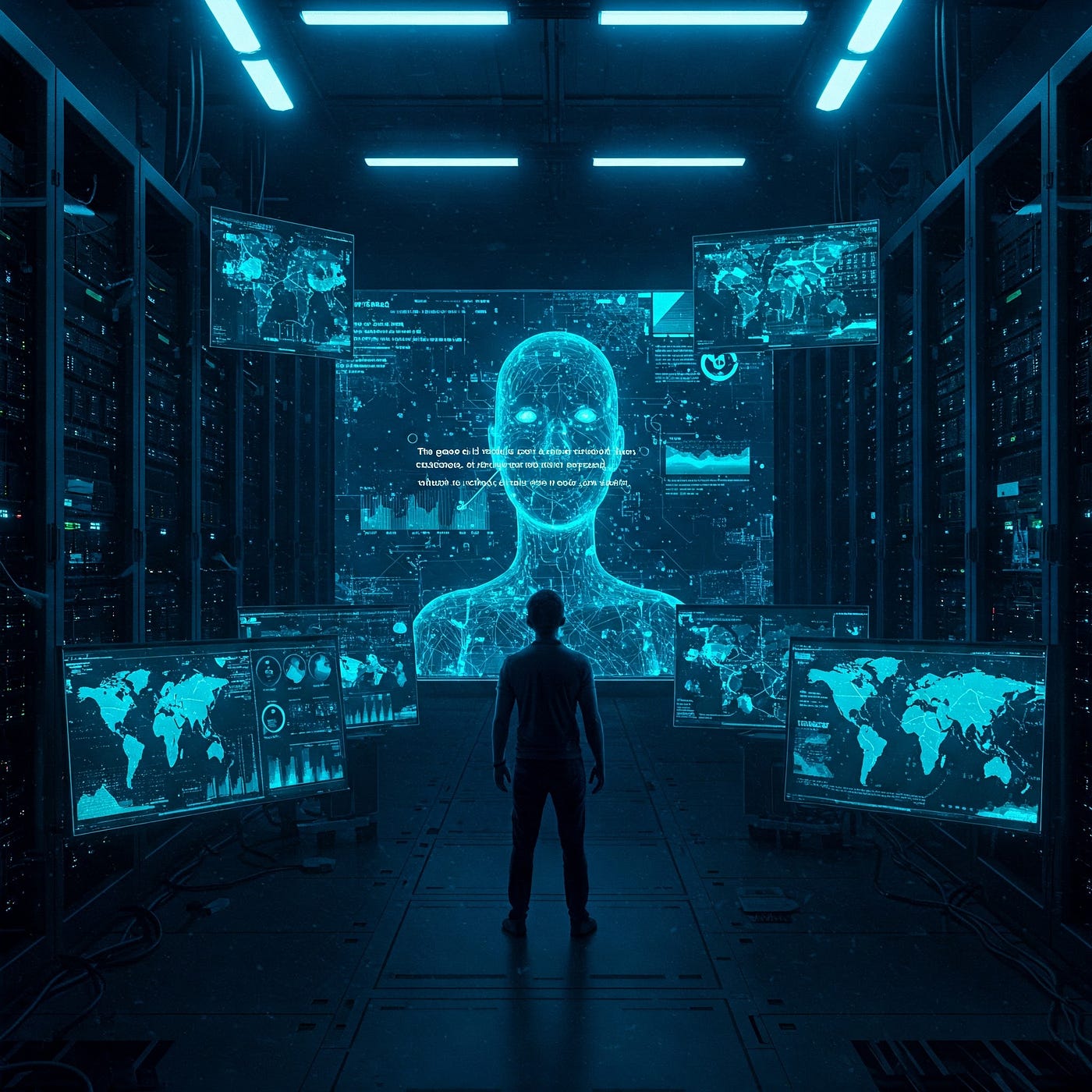 A lone figure in a server room facing a large glowing holographic human form surrounded by world maps