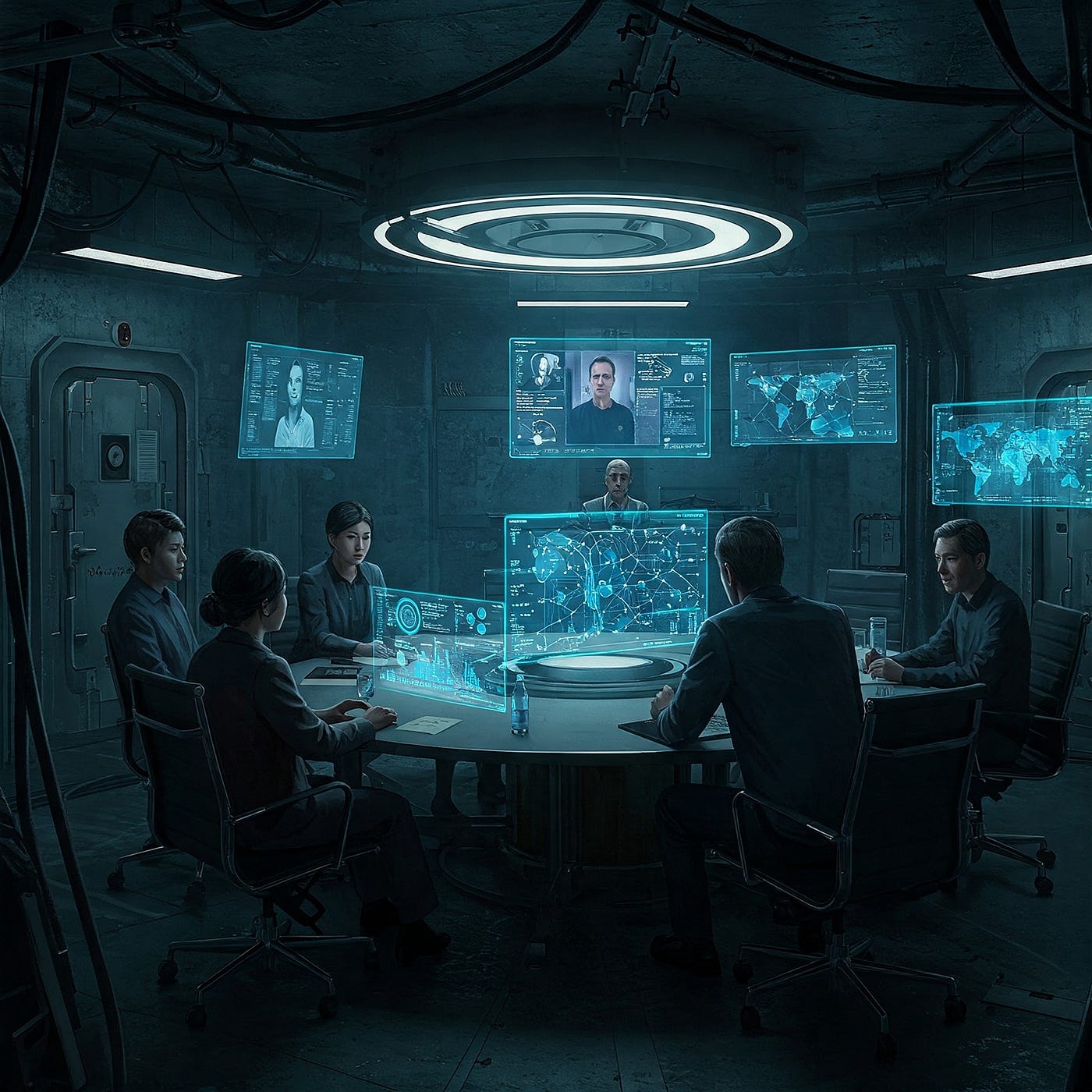 A team seated around a round table in a dim underground bunker, with video calls and maps on screens around them