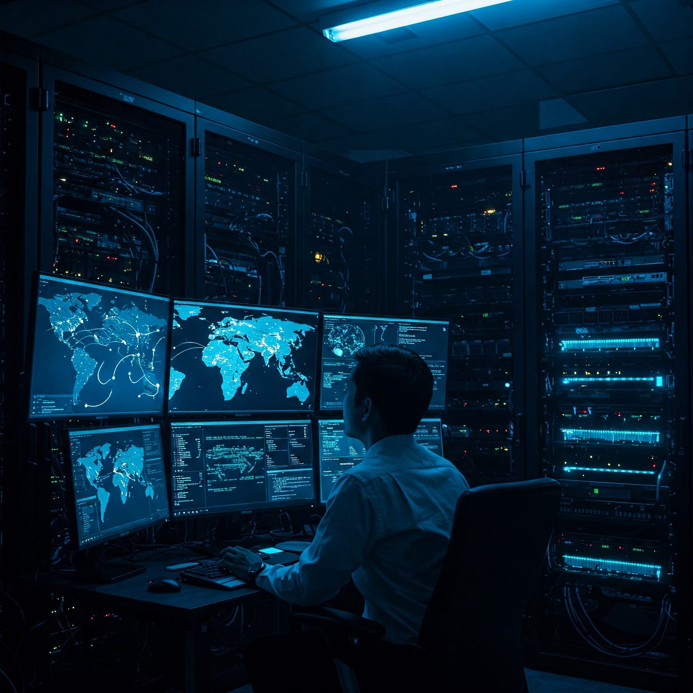 A man at a bank of screens showing world maps in a dark server room lit in blue