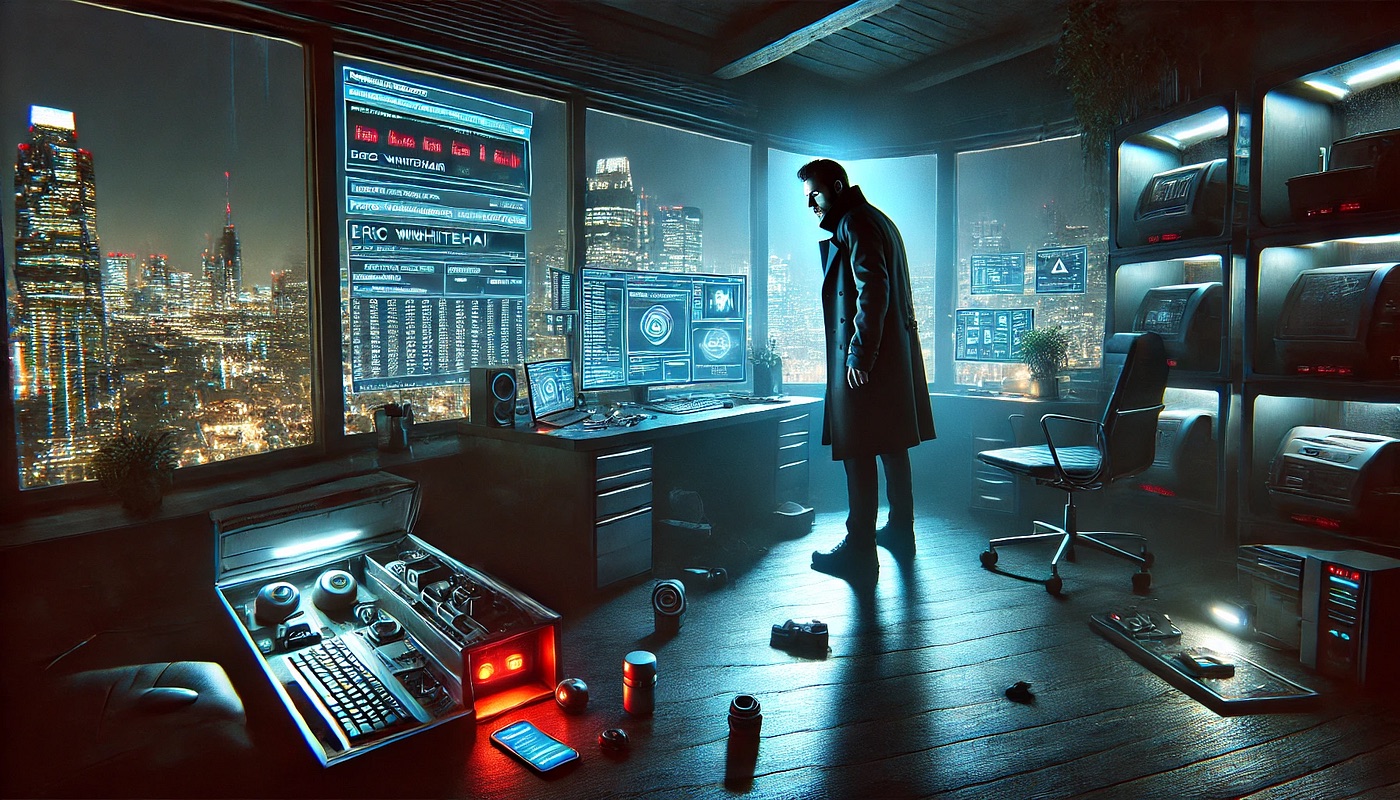 A man in a long coat standing in a dark, ransacked office at night, screens flashing red alerts and the city lit up outside