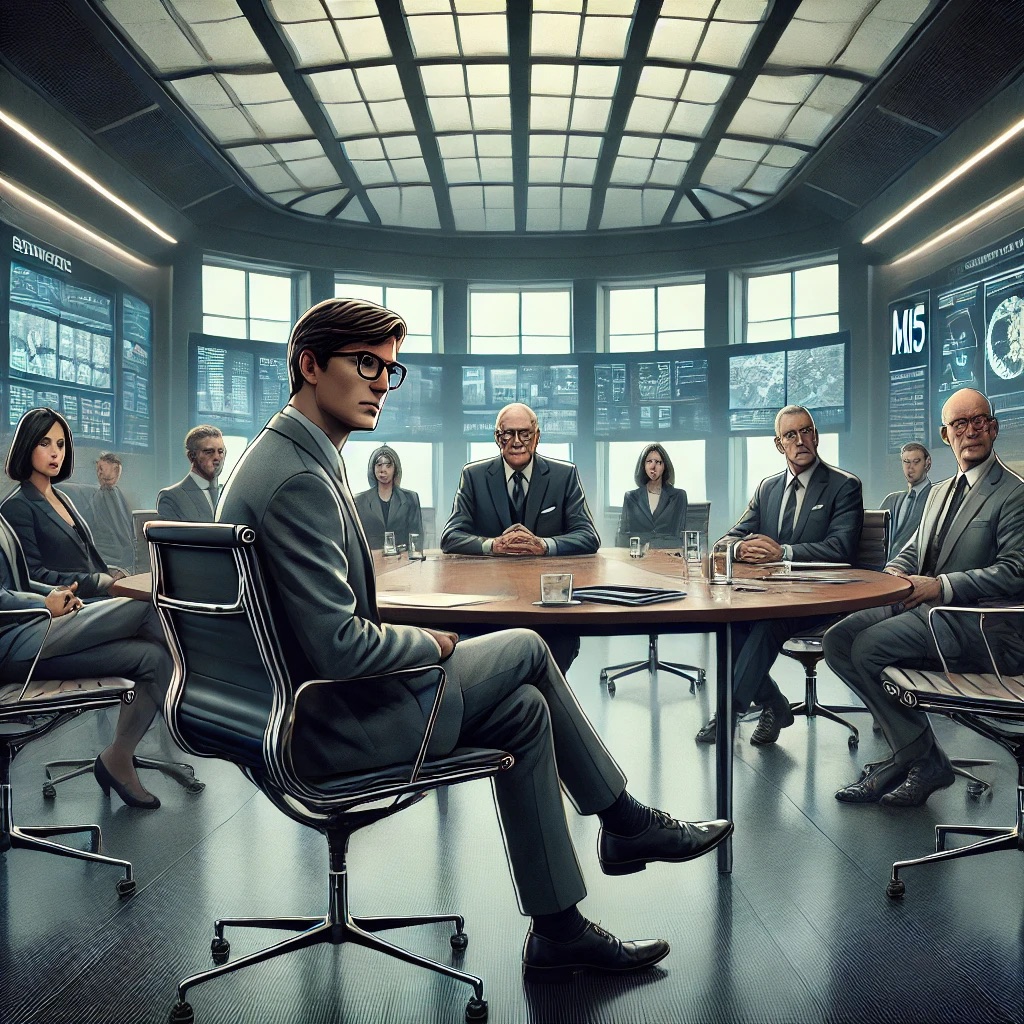 A young man in a grey suit seated at a round conference table with senior officials in a glass-roofed MI5 meeting room