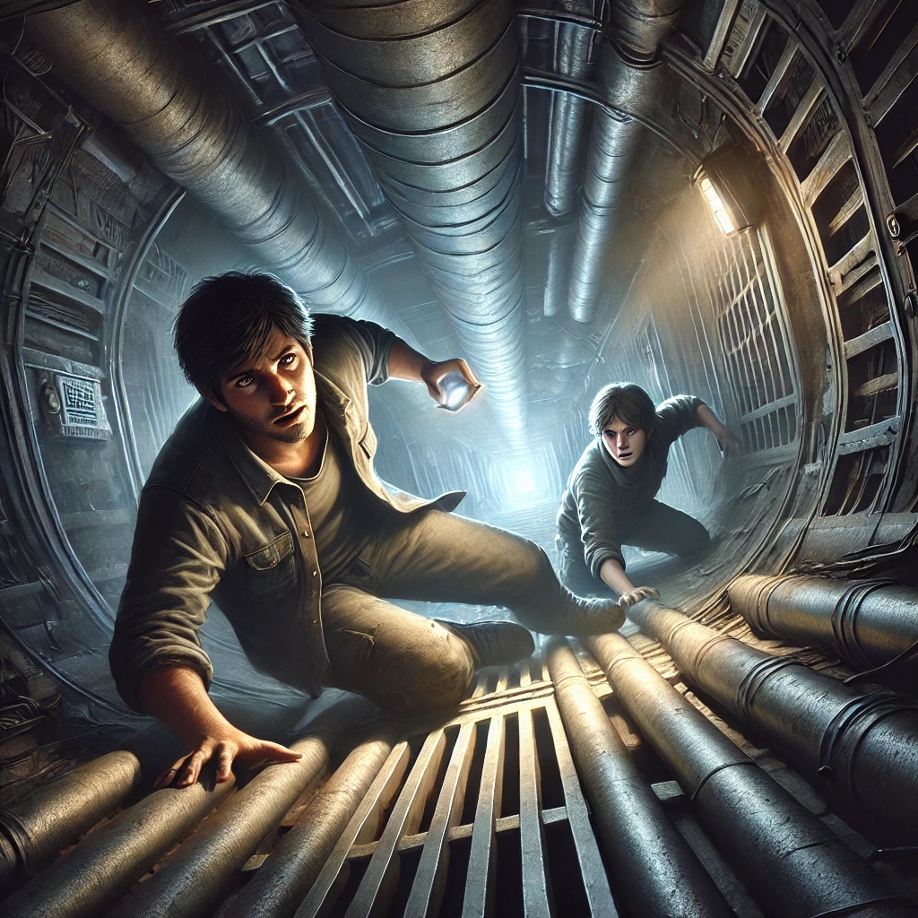 Two people crawling through a narrow metal ventilation duct lit by a flashlight