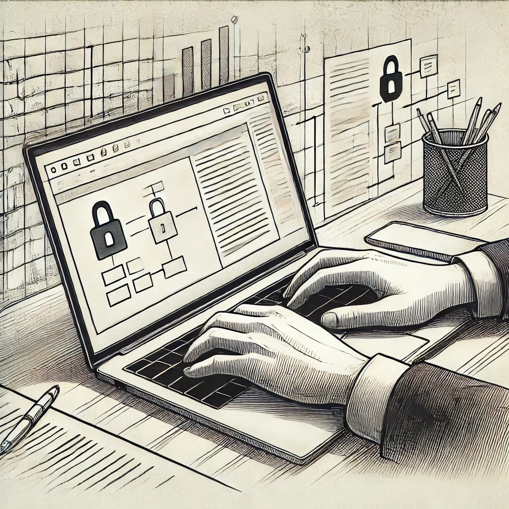 Pen-and-ink sketch of hands typing on a laptop whose screen shows a flow diagram with padlock icons, beside a pencil pot and printed charts