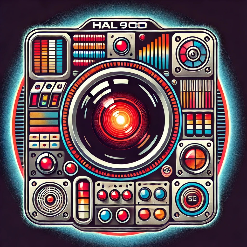 Retro control panel labelled “HAL900” with a large glowing red lens in the centre, surrounded by coloured buttons, dials and level meters