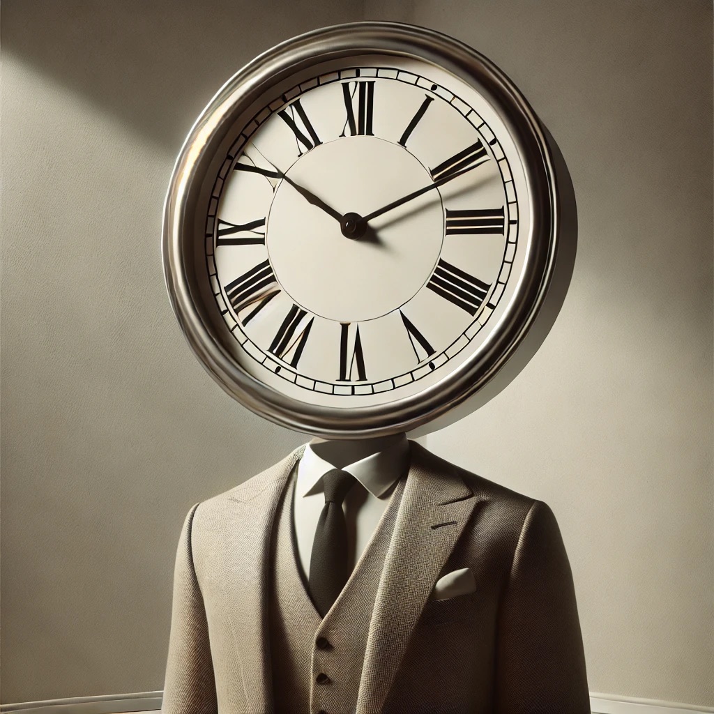A figure in a beige three-piece suit and dark tie with a large Roman-numeral wall clock in place of a head, standing against a plain wall