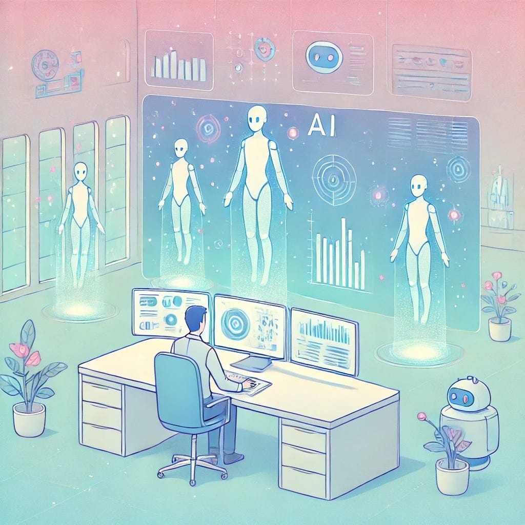 Pastel illustration of a person working at a desk with three monitors while translucent humanoid AI figures stand on glowing pads in front of a large “AI” display