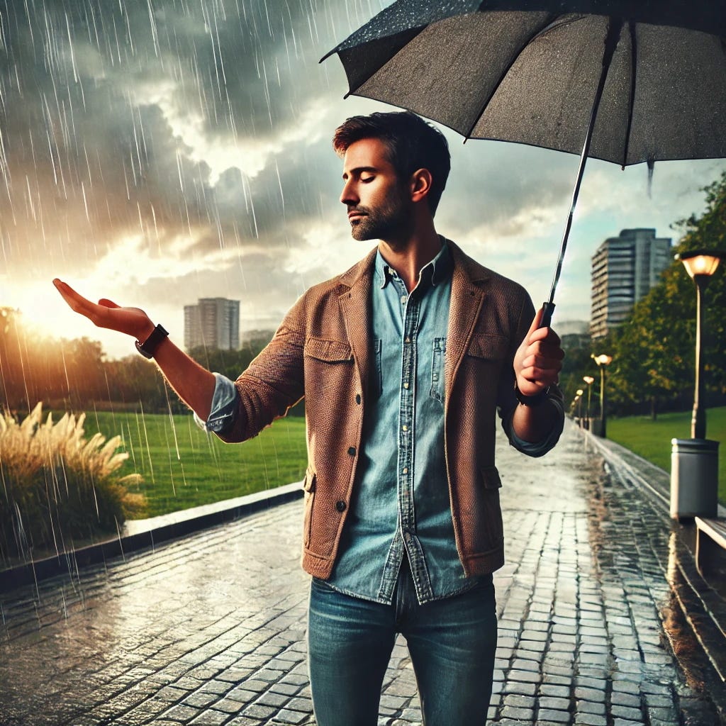 A man in a brown jacket stands on a wet brick path in a park, holding an umbrella above him while stretching out his other hand to feel the rain
